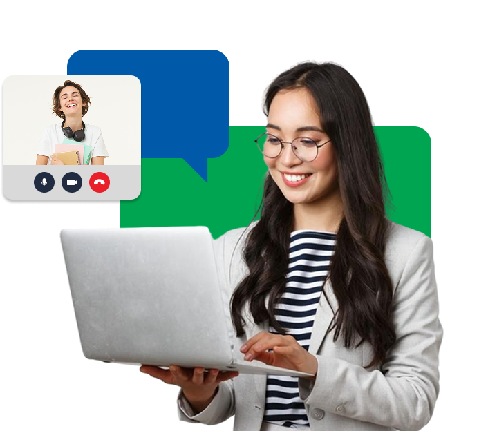 Learner on a video call with an English Talk tutor